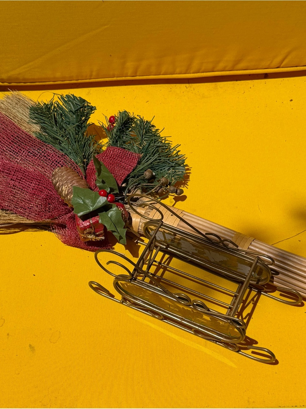 Holiday Decorative Sleigh with Pine and Burlap Accents 17”